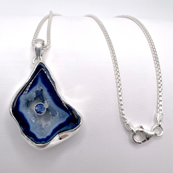 Genuine Blue Agate .925 Sterling Silver Necklace - Picture 8 of 16
